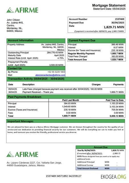 Modèle Word et PDF de relevé hypothécaire de la Banca Afirme au Mexique